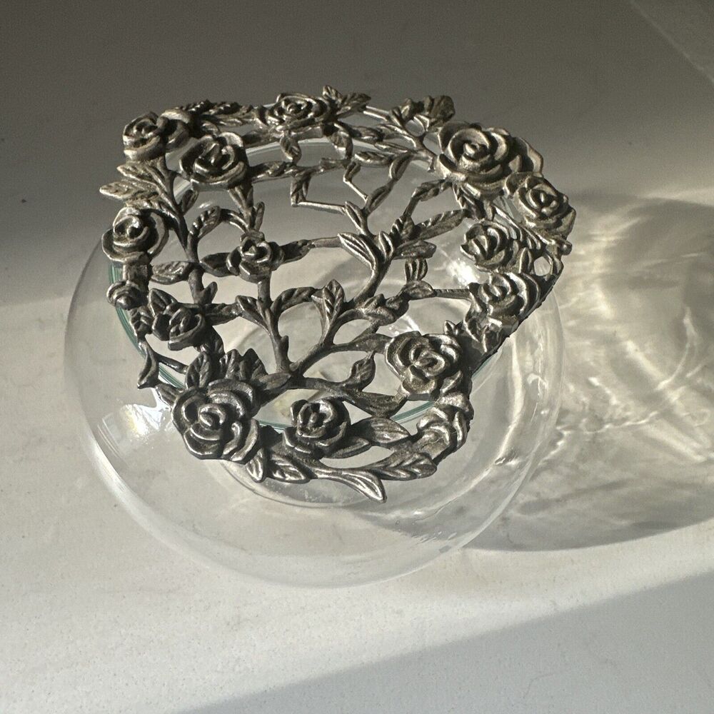 Vintage Potpourri Glass Jar With Designed Roses Metal Lid Gift